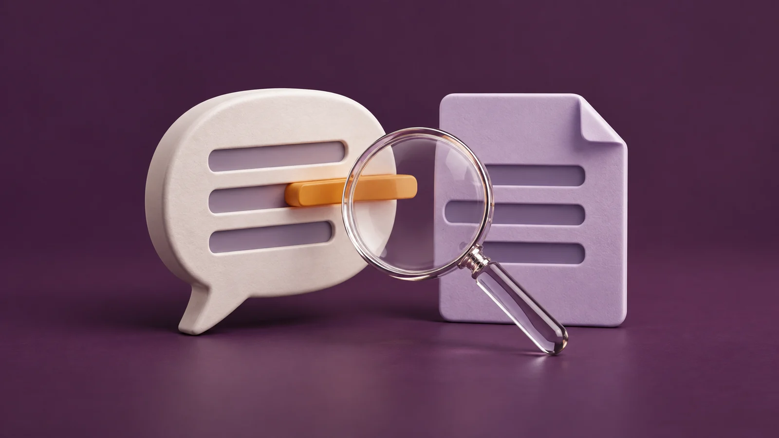 A sculptural speech bubble with a displaced amber bar beside a source-document tile and a clear inspection lens.