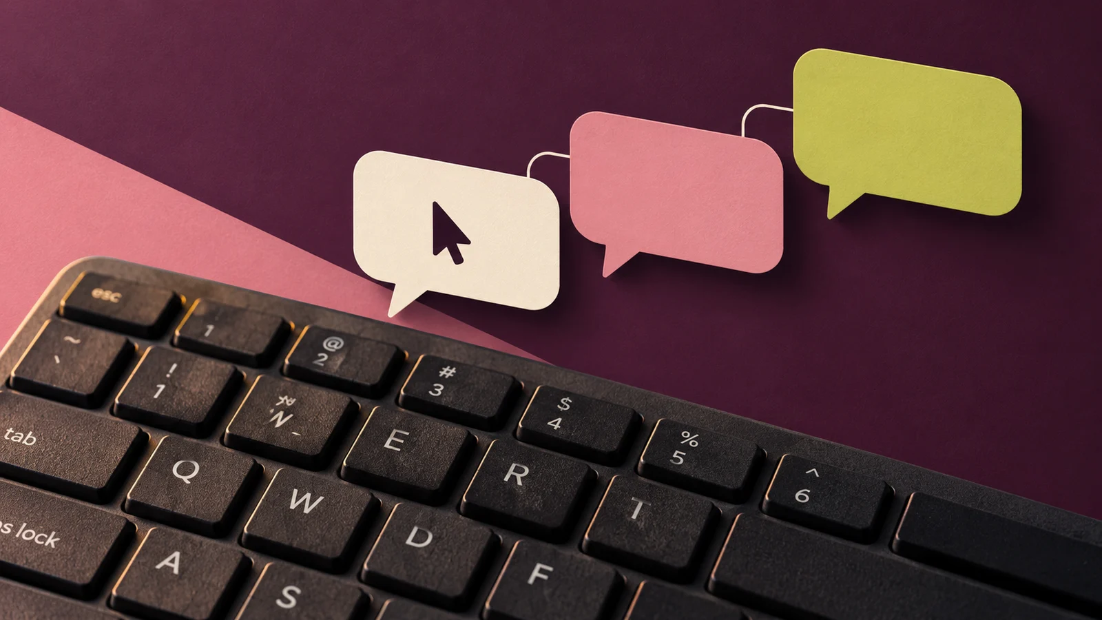 A close-up keyboard beneath connected cream, pink and yellow-green speech bubbles on a plum background.