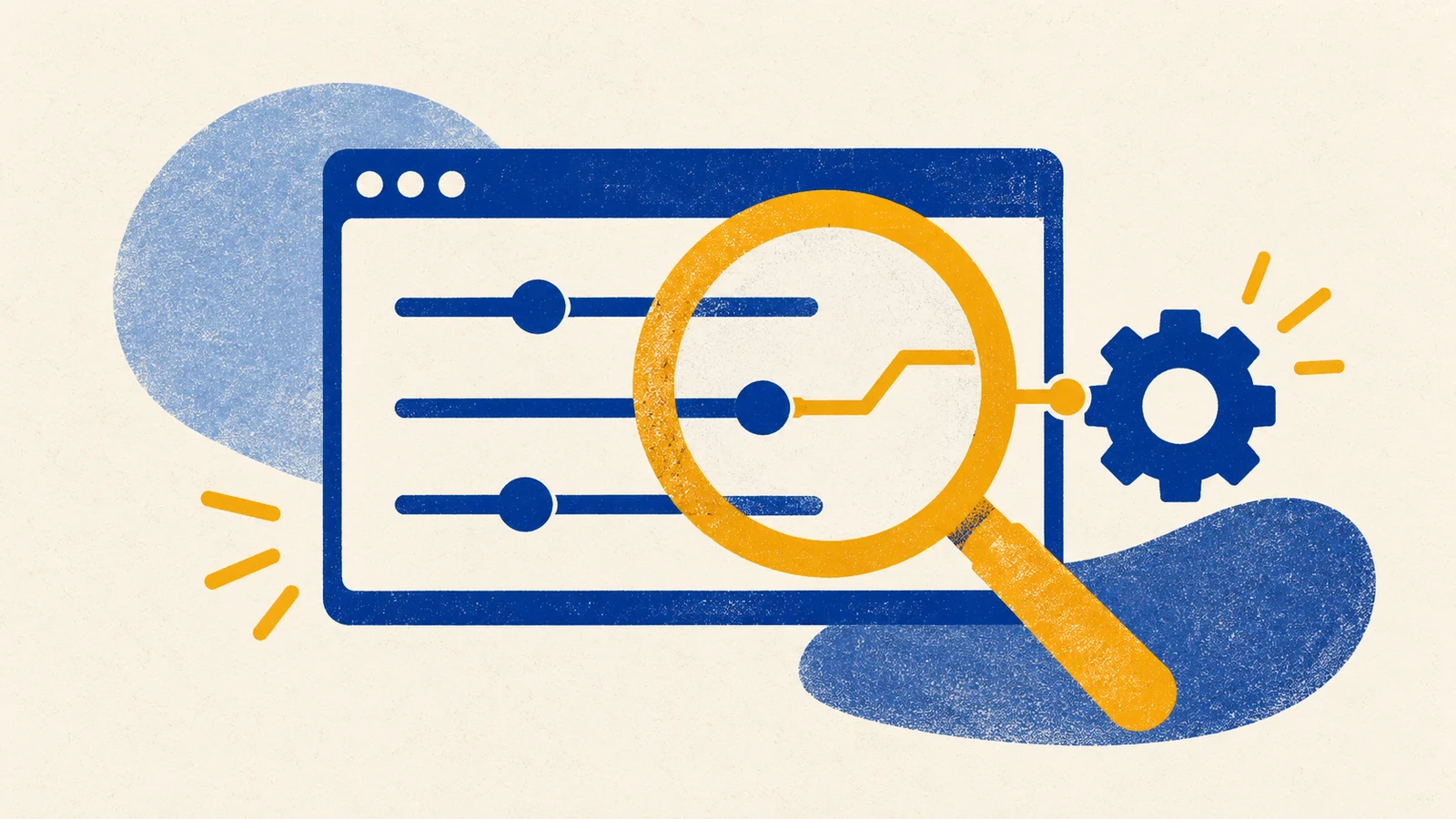 Blue illustrated browser sliders under a yellow magnifying glass, connected to a gear.
