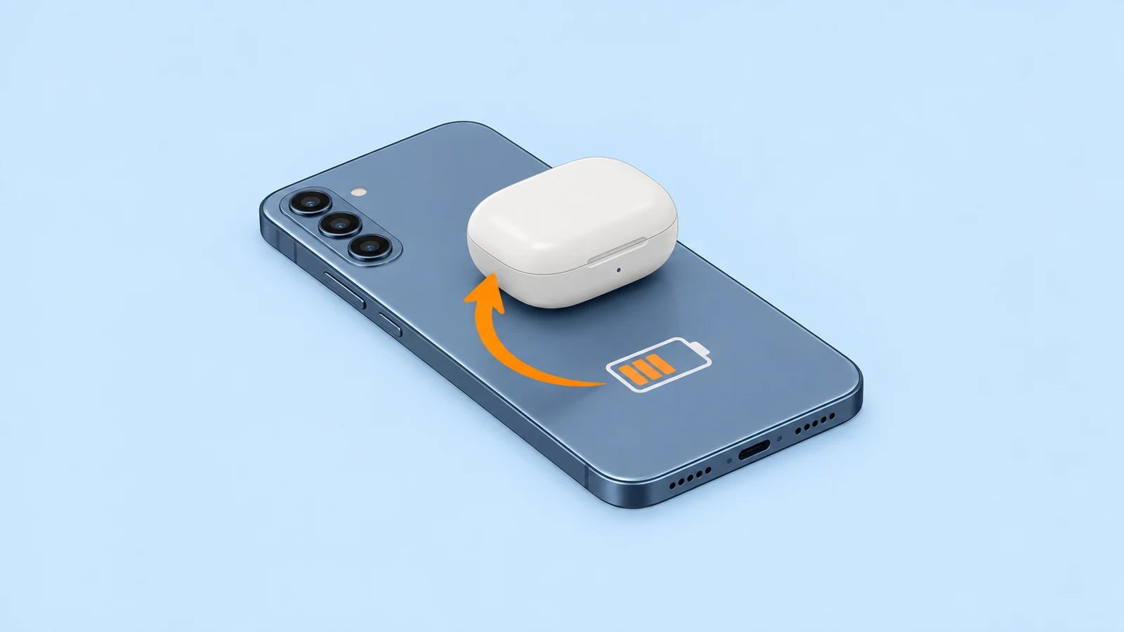 A diagram of an earbuds case on a phone, with an arrow showing power moving from the phone to the case.