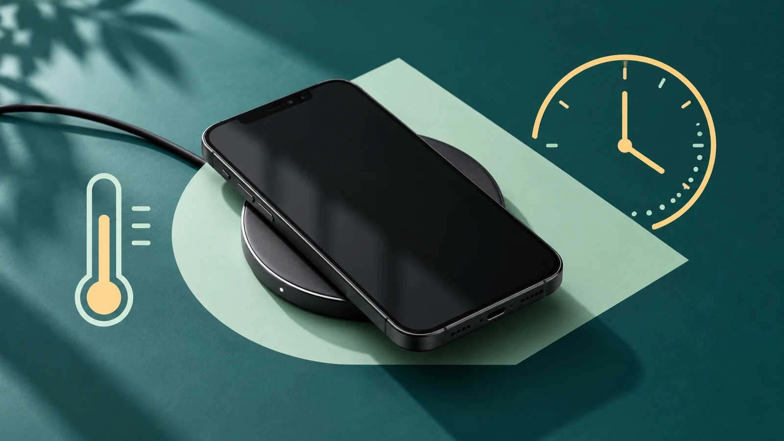 A phone on a wireless charging pad with graphic thermometer and clock symbols representing heat and charging time.