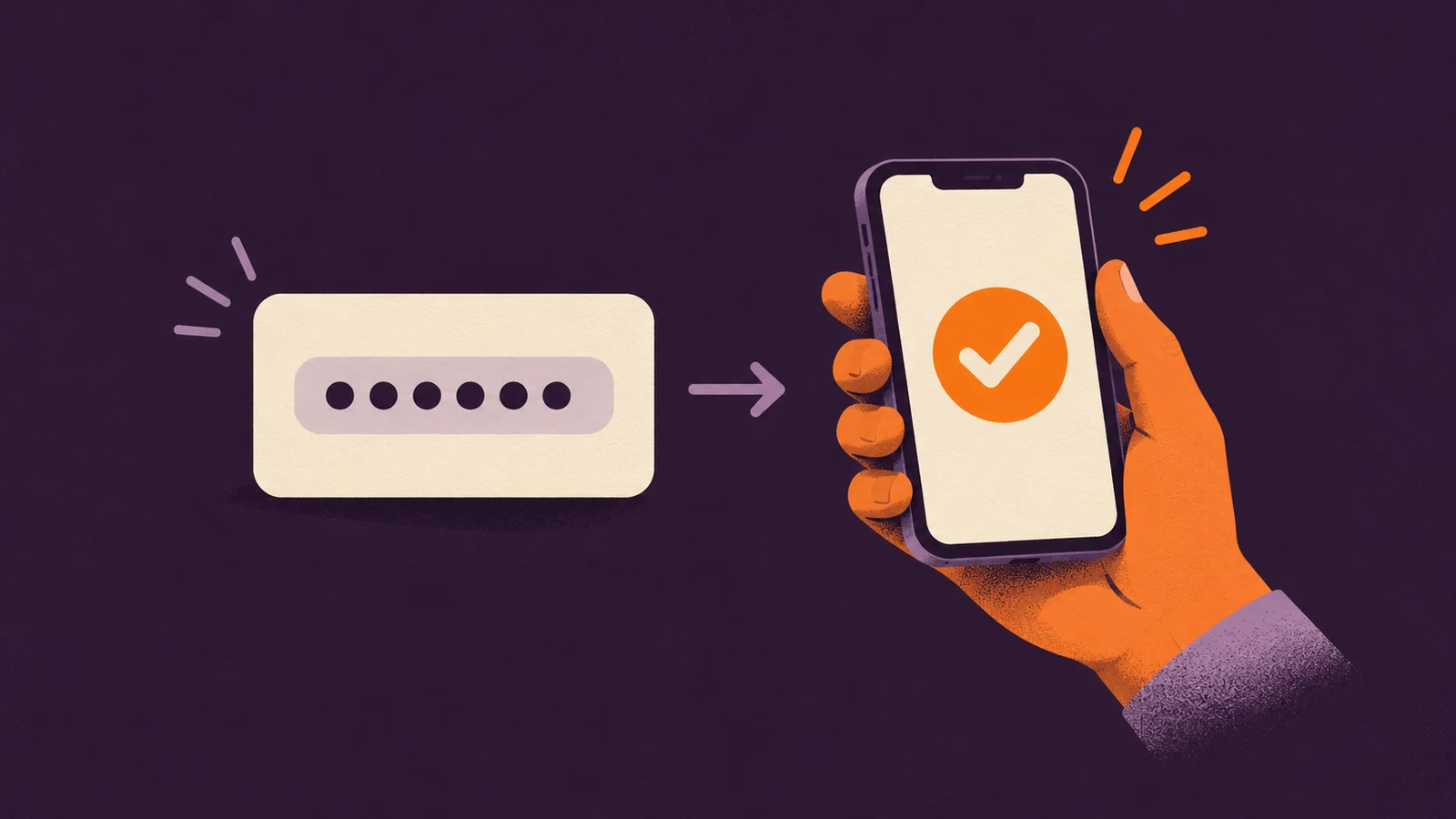 An illustrated password field points toward a hand holding a phone with a sign-in approval checkmark.