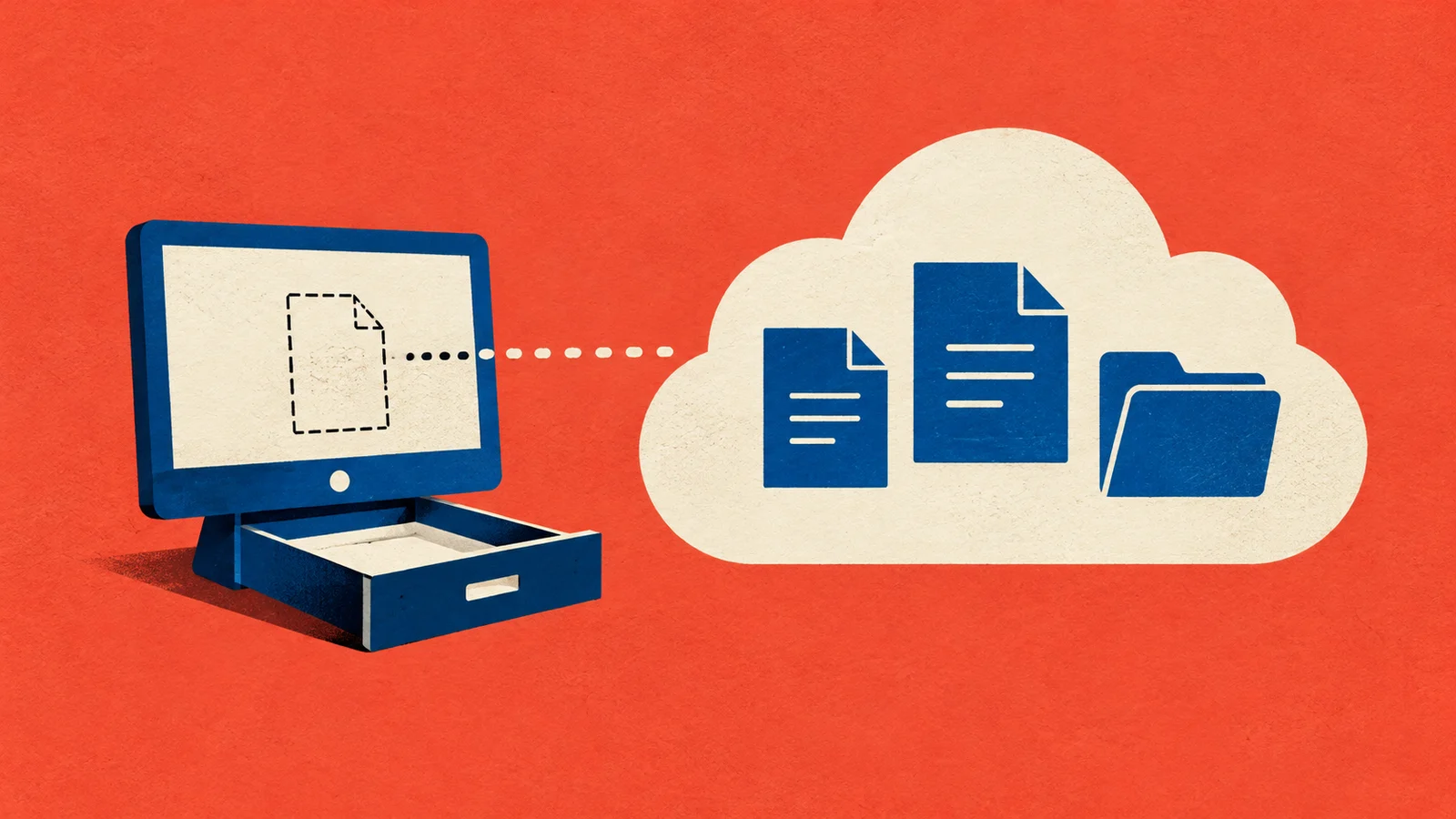 Illustration of a computer showing a placeholder file linked to documents retained in a cloud.